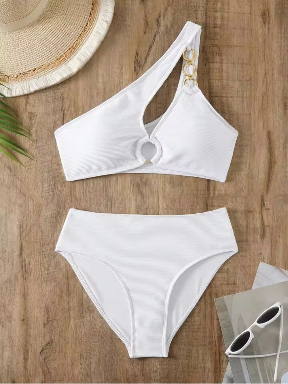 White One-Shoulder Asymmetric Bikini with Gold Ring Accents - Picture 6 of 11
